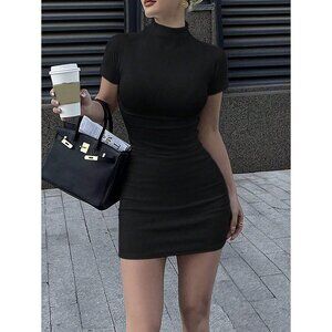 Mockneck short sleeve mini dress bodycon black